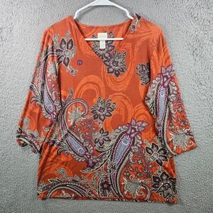 Chicos Orange Paisley Floral Print 3/4 Sleeve V Neck Top Women Size‎ 1